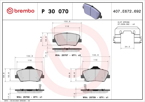 BREMBO P30070 | Fren Balatası Ön Low-Met Hyundai