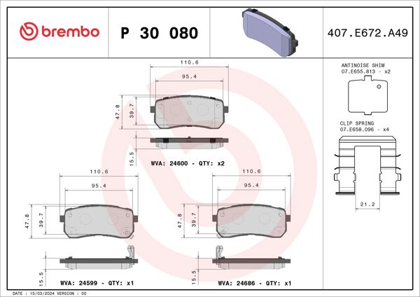 BREMBO P30080 | Fren Balatası Arka Hyundai H1 Starex 07-/ Ix55 3.8 V6 4×4 08-/ Kia Carnıval 06-/ Sorento 15-/