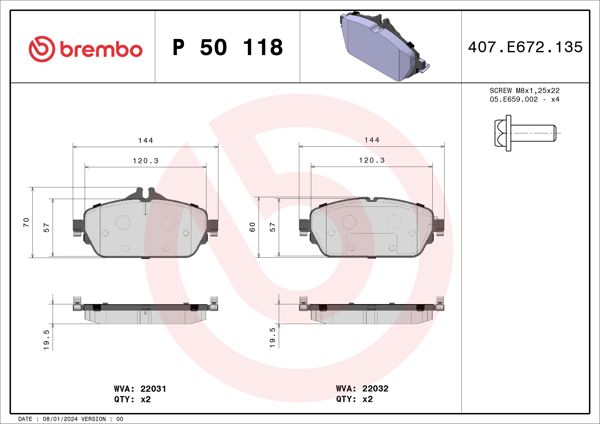 BREMBO P50118 | Fren Balatası Ön Mercedes W205 C180-C200-C220 / W213 E180-E200-E220