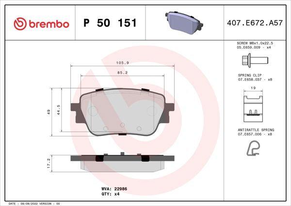 BREMBO P50151 | Fren Balatası Arka-(Mercedes A-Serisi (W177) A180 2018 / Mercedes CLA (C118) CLA 200 (118.387) Mercedes B-Serisi (W247) B 180 D