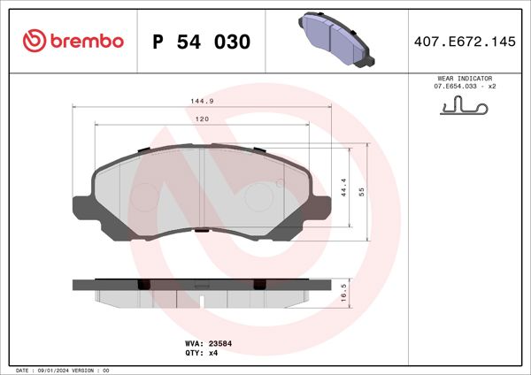 BREMBO P54030 | Fren Balatası Ön-(Mitsubishi Lancer 03 / 11 / Asx 11 / 13)