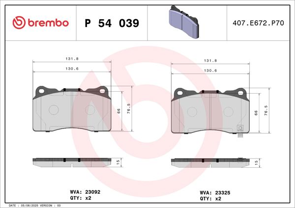 BREMBO P54039 | Balata Fren Ön-(Subaru Impreza 05 / 12 2.0-2.5 Wrx Stı / Tesla S (5Yjs) 60 16 -)