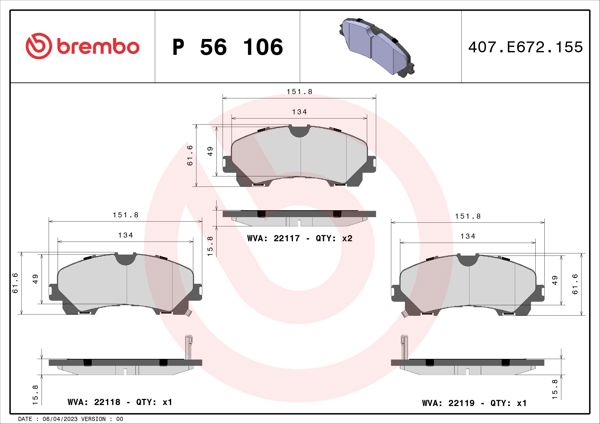 BREMBO P56106 | Fren Balatası Ön-(Nissan Xtrail 1.6 Dıg-T 1.6Dcı 1.6Dcı 4×4 2014 / 7 Koltuk