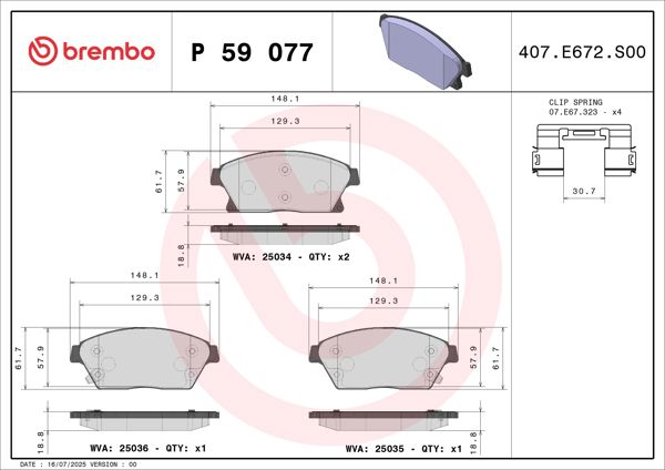 BREMBO P59077 | Fren Balatası Ön-(Chevrolet Cruze 09 / 12 / Aveo 11 / Opel Astra J 09 / 12 / Mokka 12 / 13-16 Jant -