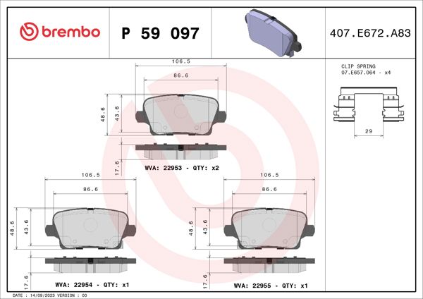 BREMBO P59097 | Fren Balatası Arka 17 (Opel Insignia B 17 -)