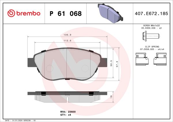 BREMBO P61068 | Fren Balatası Ön (Peugeot 307 1.6 HDI Parter / Fiat Doblo Ym)