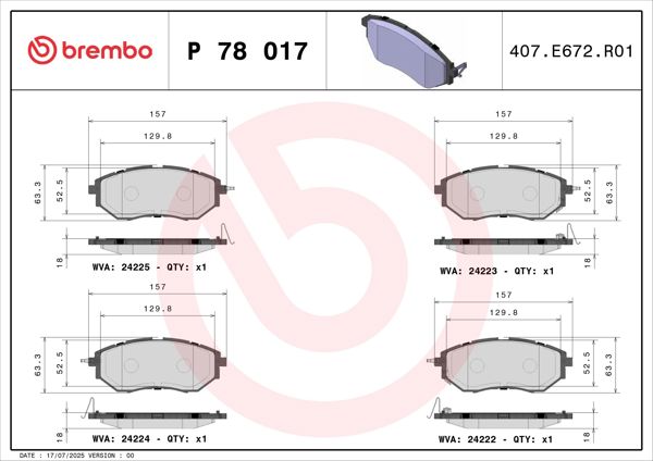 BREMBO P78017 | Balata Fren Ön (Subaru Forester 2.0 12-/ / Legacy 03-09 / Outback 14-/ Levorg)