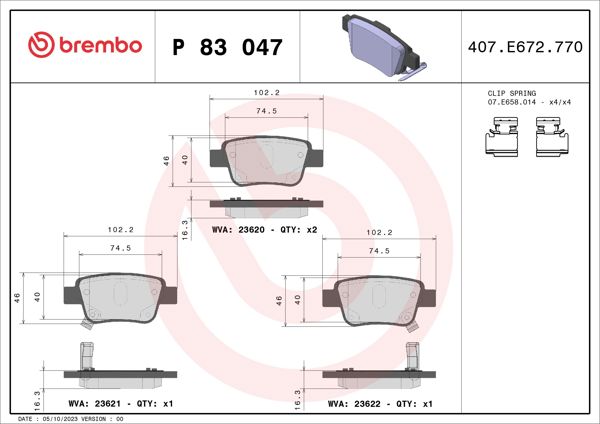 BREMBO P83047 | Fren Balatası Arka-(Toyota Avensis 03 / 08 1.6 / Corolla-Verso 04 / 07)