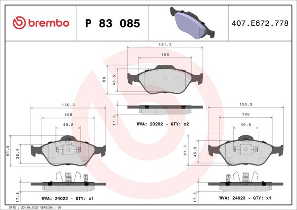 BREMBO P83085 | Fren Balatası Ön-(Toyota Yaris 06 / 11)