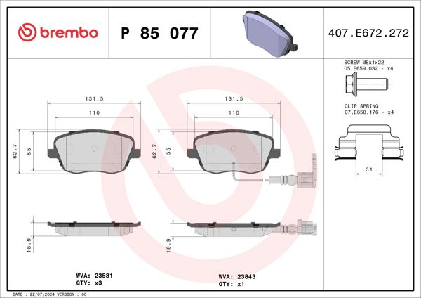 BREMBO P85077 | Fren Balatası Ön Low-Met VW
