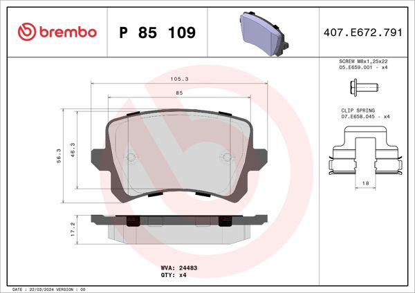 BREMBO P85109 | Fren Balatası Arka (VW Passat 06-15 Tiguan 08-11)