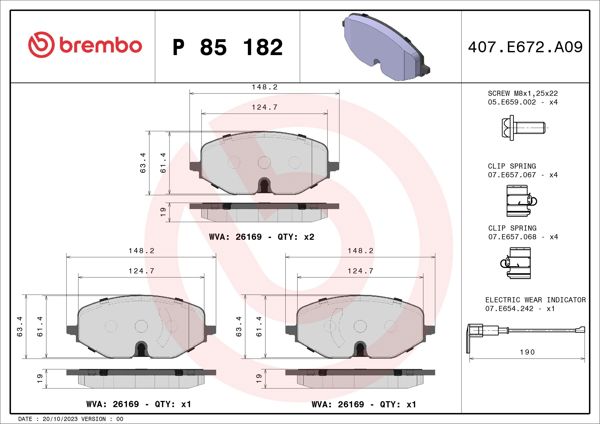 BREMBO P85182 | Fren Balatası Ön-Kablolu (VW Golf 20-Audi A3 20 -)