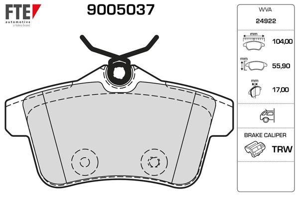 FTE 9005037 | Arka Fren Balatası P308 Rcz C4 II Ds4 Ds5 P308 P3008 P508 1.6Gtı / 1.6 HDI / 2.0 HDI 07 / 10-Ölçü: (104×55.9×18mm)