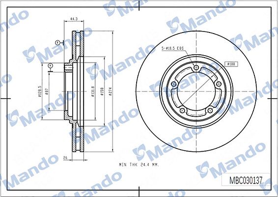 MANDO MBC030137 | Fren Diski Ön Adet: 275 X 5 Havalı | 1 Adet