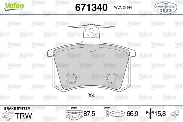 VALEO 671340 | Fren Balatası Arka-Audi A100 85-94 A4 95-97 A80 87-94 Wva 20668 Alfa Romeo 164