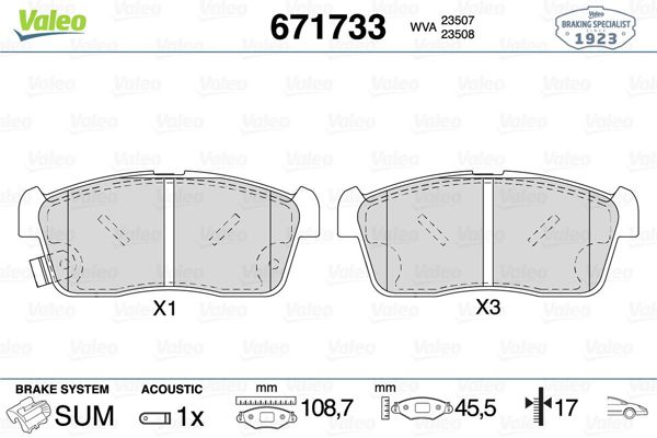 VALEO 671733 | Fren Balatası Ön-Suzuki Alto 09-12 Cary-Sk413 00-10 Daihatsu Coure 03-Sirion 05-17mm