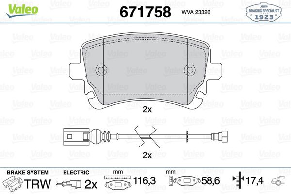 VALEO 671758 | Fren Balatası Arka (116mm) A4 A6 A8 04-08