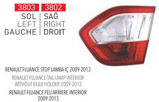 PLEKSAN 3802 | Stop Lambası Ic Sağ (Renault: Fluence 2009-2013)