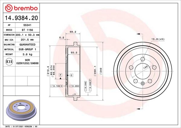 BREMBO 14.9384.20 | Kampana Vag Po4-5 A2 00-22