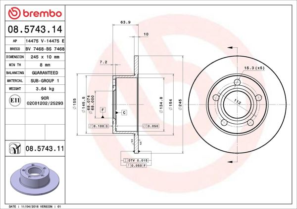 BREMBO 08.5743.11 | Fren Diski (Tek Disk) Arka Vag 100 A6 Passat 90-06