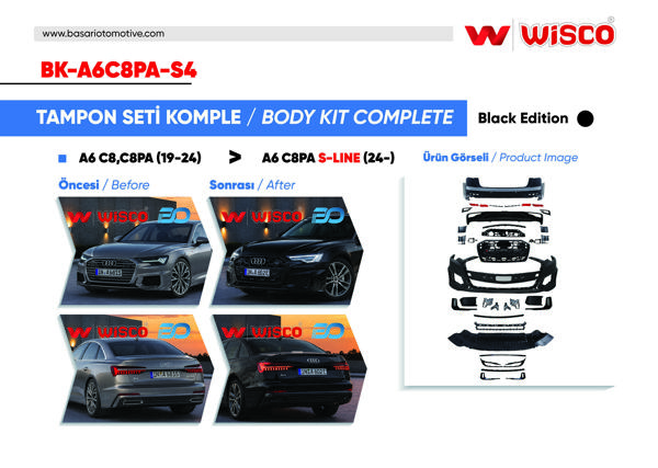 WISCO BK-A6C8PA-S4 | Tampon Seti Komple (On-Arka) Black Edıtıon Audi A6 C8 S-Line 19-24 (19-24 Arası A6 Sedan İçin Uyumludur)