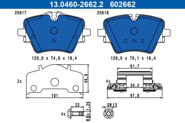 ATE 13.0460-2662.2 | Fren Balatası F-65 / 70 / 74 U-06 / 10 / 11 / 12 / 25 J-05 Ön