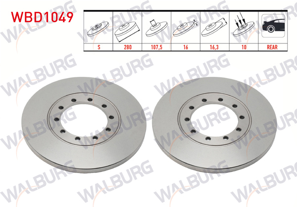 WALBURG WBD1049 | Fren Diski Arka Düz 10 Bjn 280X16x107,5X16,3 Ford Transit (V348) 2.2 TDCI 2006-2014 / Transit 2.4 TDCI 2006-2014 / Transit 2.2 TDCI 2006-2014 / Transit 3.2 TDCI 2006-2014 | 2 Adet