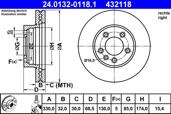 ATE 24.0132-0118.1 | Fren Diski Ön Sağ Touareg 7P 10 > Touareg 7L 02 > Cayenne 02 > Havalı 329.8mm