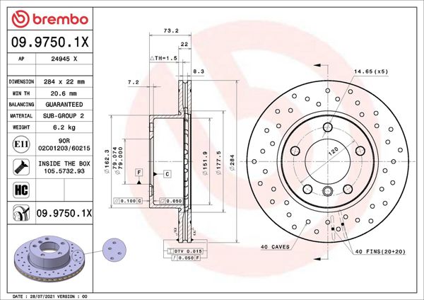 BREMBO 09.9750.1X | Delikli Ön Fren Disk BMW (E81-E87) | 2 Adet