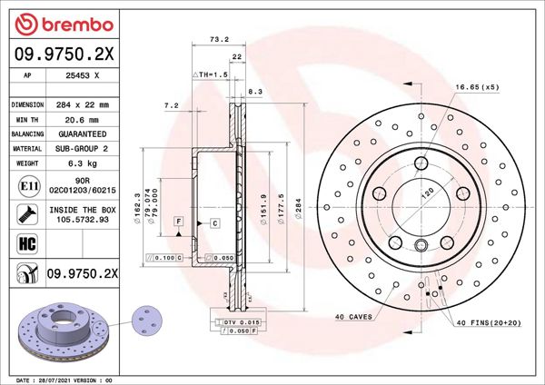 BREMBO 09.9750.2X | Delikli Fren Diski BMW 1 Seri-F20 On 1.16-1.18 | 2 Adet