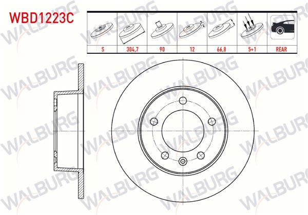 WALBURG WBD1223C | Fren Diski Arka Düz Kaplamalı 5 Bjn 304,7X12x90x66,8 Renault Master II (Fd) 1.9 DCI-2.5 DCI 1998-2010 / Master III (Fv) 2.5 DCI 2010-/ Opel Movano A 1.9 Dtı-2.5 Dtı 2001-2010 | 2 Adet