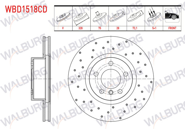 WALBURG WBD1518CD | Fren Diski Ön Havalı Kaplamalı Performans Delikli BMW X3 (F25) Xdrive 2.0 D 5 Bjn 328X28x75x73,1 2010-| 2 Adet