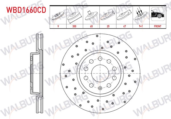 WALBURG WBD1660CD | Fren Diski Ön Havalı Kaplamalı Performans Delikli 5 Bjn 300X25x65x47 Mg Zs Suv Ev (Csa7001) 2019-| 2 Adet