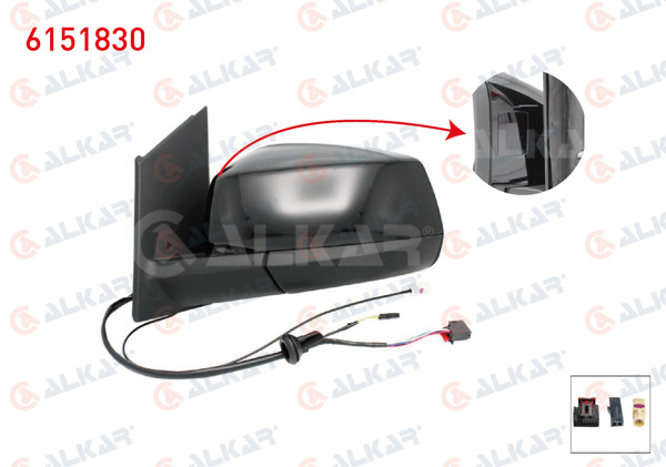 ALKAR 6151830 | Dış Dikiz Aynası Sol Elektrikli Isıtmalı Otomatik Katlanır Kör Noktalı Antenlı Parlak Siyah 7 + 2 Pin Ford Tourneo Connect 2022-/ Volkswagen Caddy V 2020 -