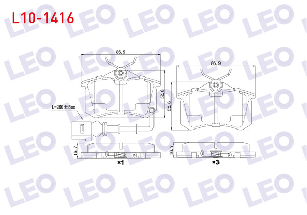 LEO L10-1416 | Fren Balata Arka Fişli VW Polo (9N_) 1.6İ 16V 2001-2012 / 1.4 TDI 2001-2012 / 1.4İ 16V 2001-2012 / 1.9 TDI 2001-2012 / A3 (8P1) 1.6 2003-2012 / 1.8 T 2003-2012 / A1 (8X1) 1.4 TFSI 2010 -