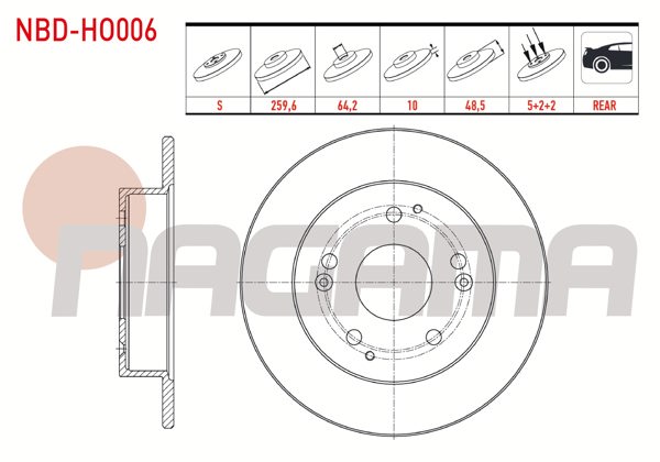 NAGAMA NBD-HO006 | Fren Diski Arka Düz 5 Bjn 259,6X10x64,2X48,5 Honda Civic VII 2.0 I-Vtec 2000-2006 / Civic VII 2.0 Type-R 2000-2006 | 2 Adet