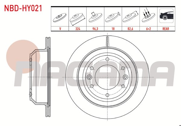 NAGAMA NBD-HY021 | Fren Diski Arka Havalı 6 Bjn 324X18x96,3X82,6 Hyundai H1 2.5 CRDI 2008-| 2 Adet