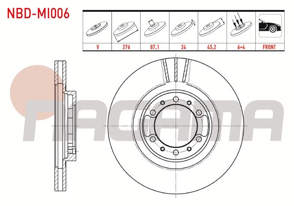 NAGAMA NBD-MI006 | Fren Diski Ön Havalı 6 Bjn 276X24x87,1X45,2 Mitsubishi L 200 (K7t,K6t) 2.5 D 4X4 1996-2007 / Pajero II 2.5 TD-2.8 TD-3.5 V6 4X4 1990-1999 | 2 Adet