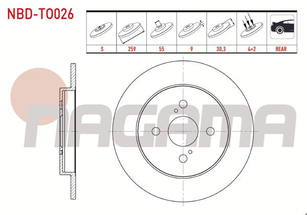 NAGAMA NBD-TO026 | Fren Diski Arka Düz 4 Bjn 259X9x55x30,3 Toyota Yaris 1.0 Vvt-I 2006-2010 / Yaris 1.3 Vvt-I 2006-2010 / Yaris 1.4 D-4D 2006-2010 / Yaris 1.33 Vvt-I 2006-2010 | 2 Adet