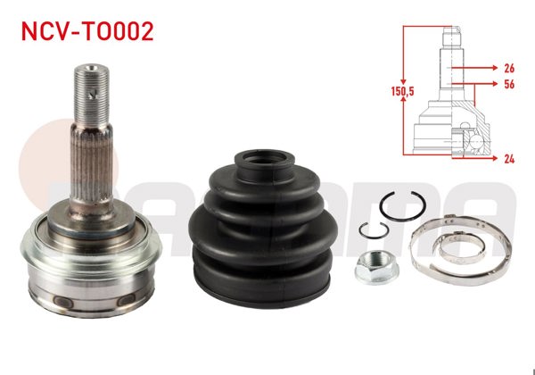 NAGAMA NCV-TO002 | Aks Kafası Sol-Sağ On Dıs 26X24x56 Uzunluk 150,6mm Toyota Corolla (_E9_) 1.6İ-1.8 D 1987-1993 / Rav4 I (Sxa1_) 2.0 1994-2000 / Camry (_V2_) 2.0 1986-1993