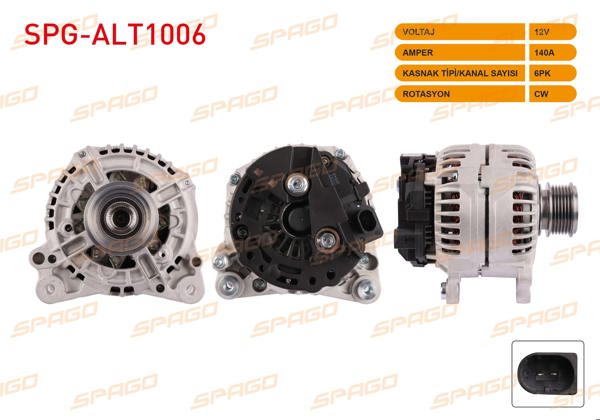 SPAGO SPG-ALT1006 | Alternatör (B Tipi) 12V 140A 6Pk Golf VI-Jetta III IV-Caddy III IV / A3 09-15-Q3 11-18 (1.6 2.0 TDI Araclar İçin)