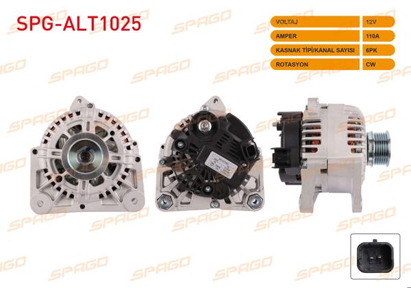 SPAGO SPG-ALT1025 | Alternatör 12V 110A 6Pk Megane II-Clio II / Duster 10-18-Logan 05-12 (1.4 1.6 Benzin 1.5 DCI Araclar İçin)