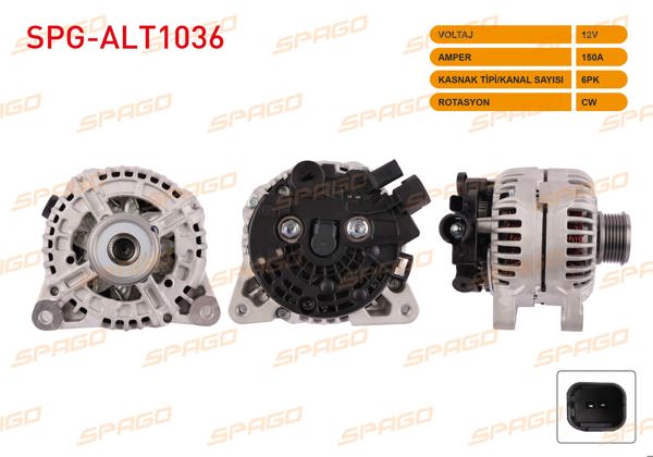 SPAGO SPG-ALT1036 | Alternatör (B Tipi) 12V 150A 6Pk (Alt200) Partner Expert Boxer / Berlingo Jumpy Jumper (Dizel Araclar İçin)