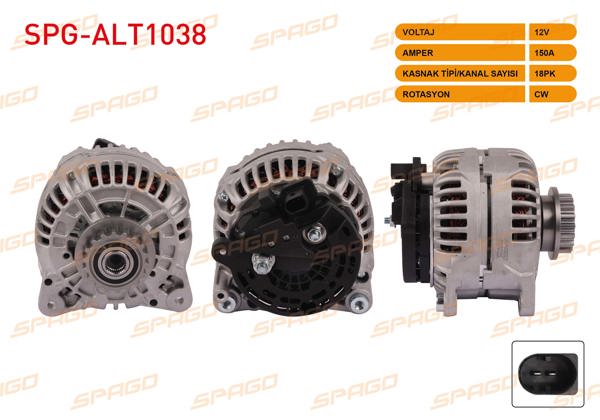 SPAGO SPG-ALT1038 | Alternatör 12V 150A 18 Dıs (Alt284) Transporter T5 03-09-Touareg 03-10 (2.5 TDI Araclar İçin)