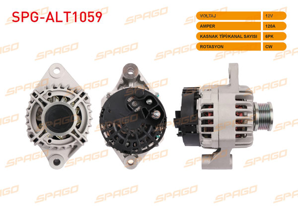 SPAGO SPG-ALT1059 | Alternatör 12V 120A 6Pk (Alt444) Doblo 10-23-Linea 09-16-Ducato 11-16-Bravo 08-14 (1.6 2.0 Mjt Araclar İçin)