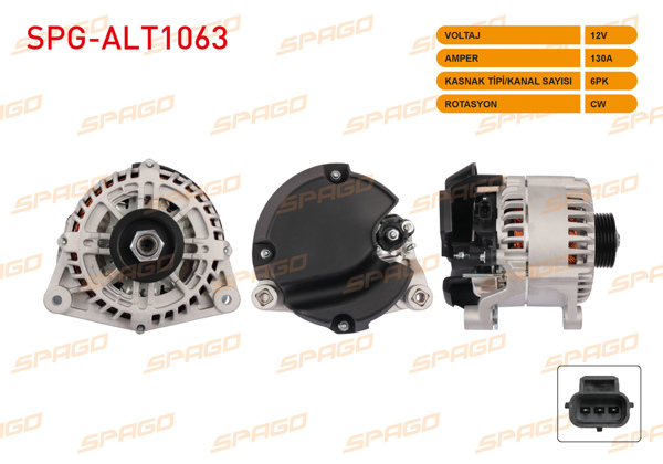 SPAGO SPG-ALT1063 | Alternatör 12V 130A 6Pk (Alt986 / A) Tourneo Transit Connect 1.8 TDCI 02-13 (Kasnaklı)