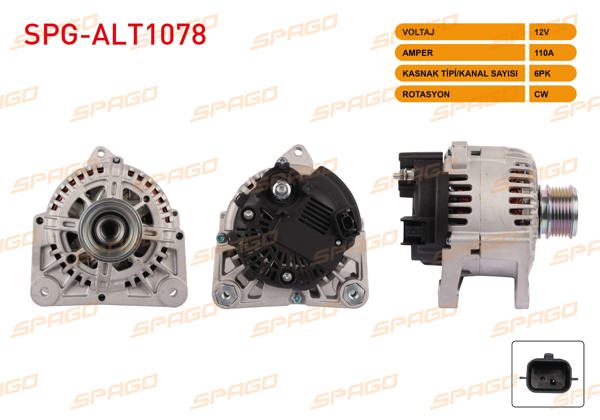 SPAGO SPG-ALT1078 | Alternatör 12V 110A 6Pk Clio II III-Megane I II III-Laguna-Fluence (1.4 1.6 Benzin 1.5 DCI Araclar İçin)