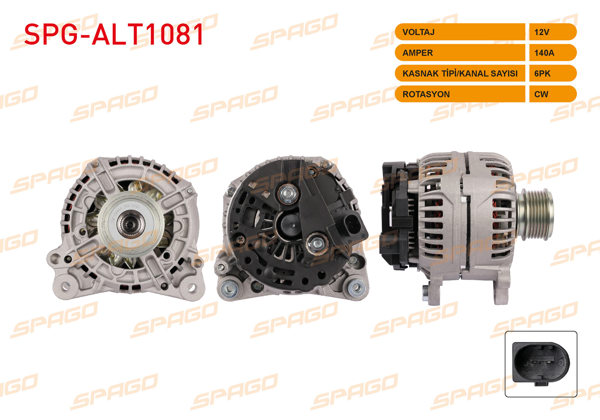 SPAGO SPG-ALT1081 | Alternatör 12V 140A 6Pk Polo V-Golf V VI-Passat B6 B7-Transporter T5 (1.6 1.9 2.0 TDI Araclar İçin)