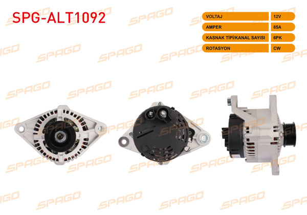 SPAGO SPG-ALT1092 | Alternatör 12V 85A 6Pk (Alt462) Siena 99-03-Palio 98-03-Marea 96-02-Bravo 96-01 (Benzinli Araclar İçin)