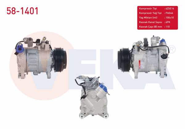 VEKA 58-1401 | Klima Kompresörü 6Pk 110mm BMW 1 Serisi (F20,F21) 120 D 2010-/ E90 318D-320D 2005-2011 / F30 320D 2011-/ F10 520D 2010-/ X5 (F15) 3.0 D Xdrıve 2012 -